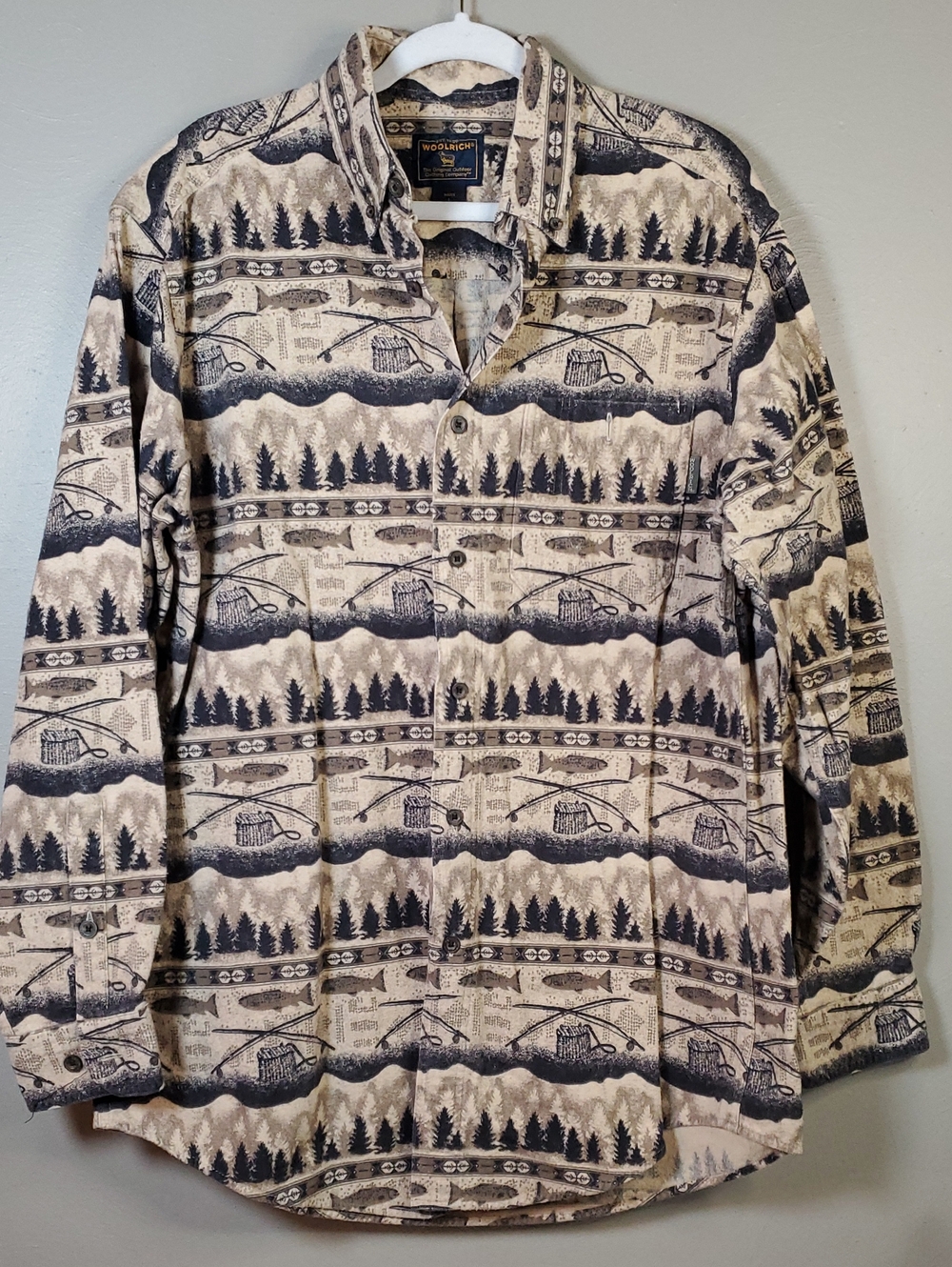 Woolrich Beige and Black Fly Fishing Printed Flannel Shirt. Large